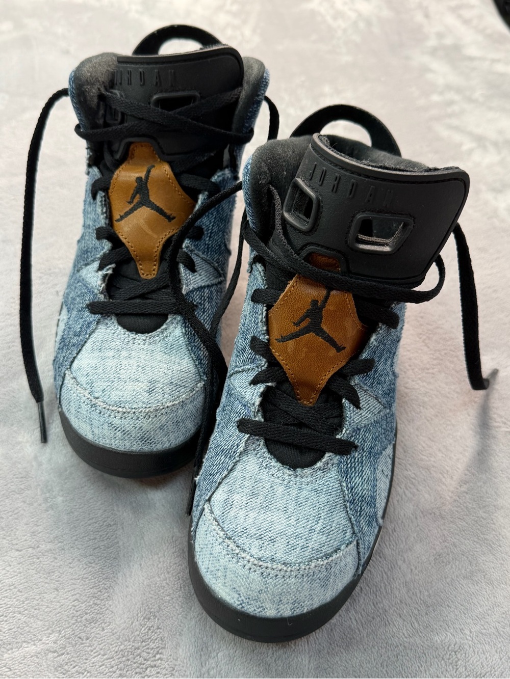 Jordan Kids' 6 Denim High-Top Sneakers - Light Blue and Tan US 3 Y Shoes kids